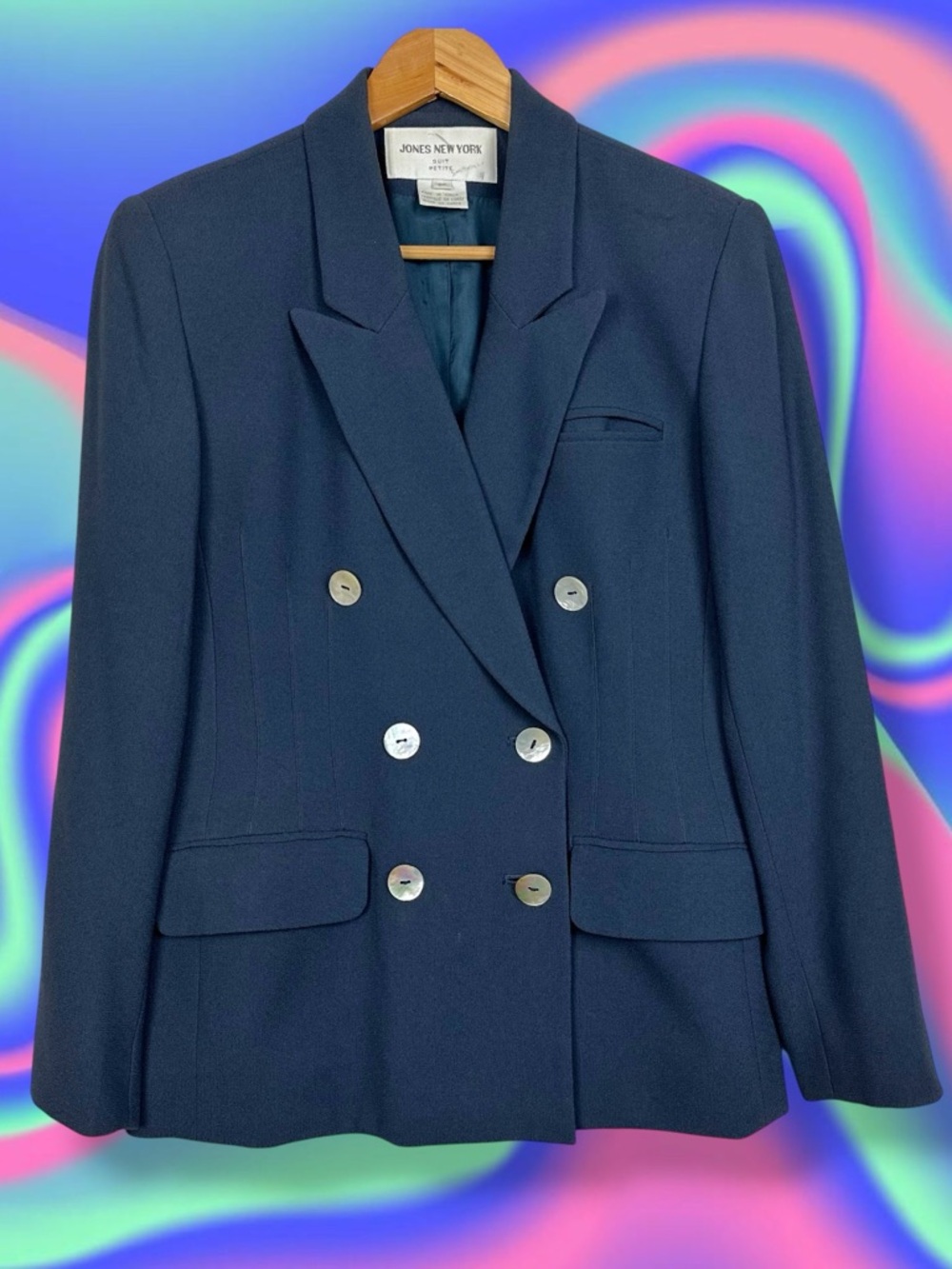 Jones New York Vintage Mother Of Pearl Double Breasted Lined Suit Blazer Jacket